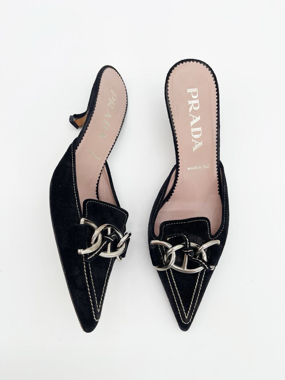 Prada Retro Vintage Y2K Black Suede Chain Pointed Toe Kitten Heel Mules IT 35
